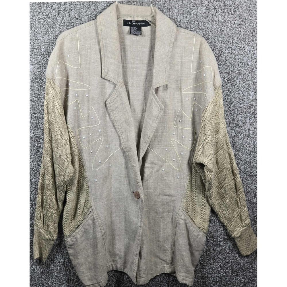 L.B. Diffusion Linen Jacket Tan Knit Sleeve‎ Blazer Embroidered - Womens Medium